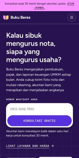 Tampilan template Buku ungu di ponsel