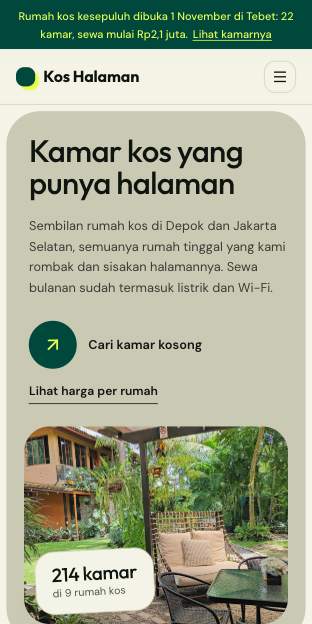Tampilan template Kos berhalaman di ponsel