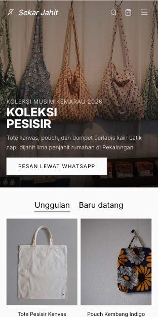 Tampilan template Butik jahit di ponsel